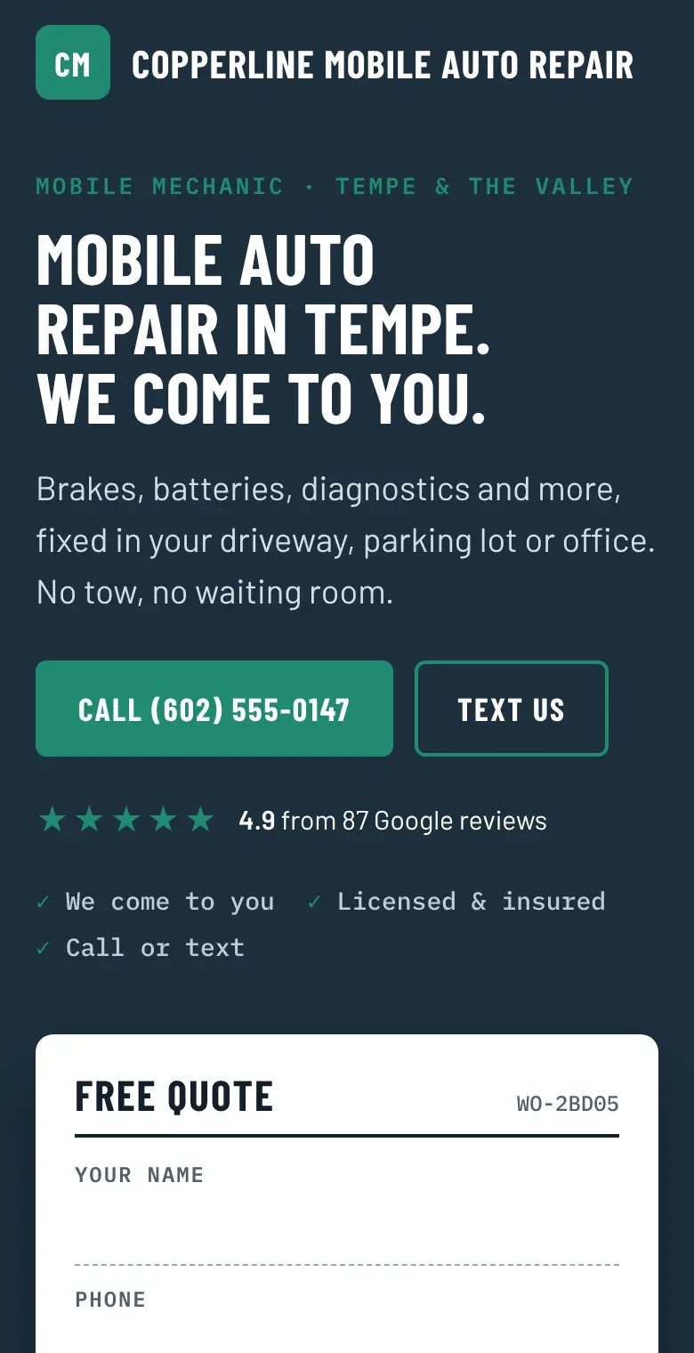 Example site for a mobile mechanic: business name, a call button, a text button, the Google star rating and a free-quote form